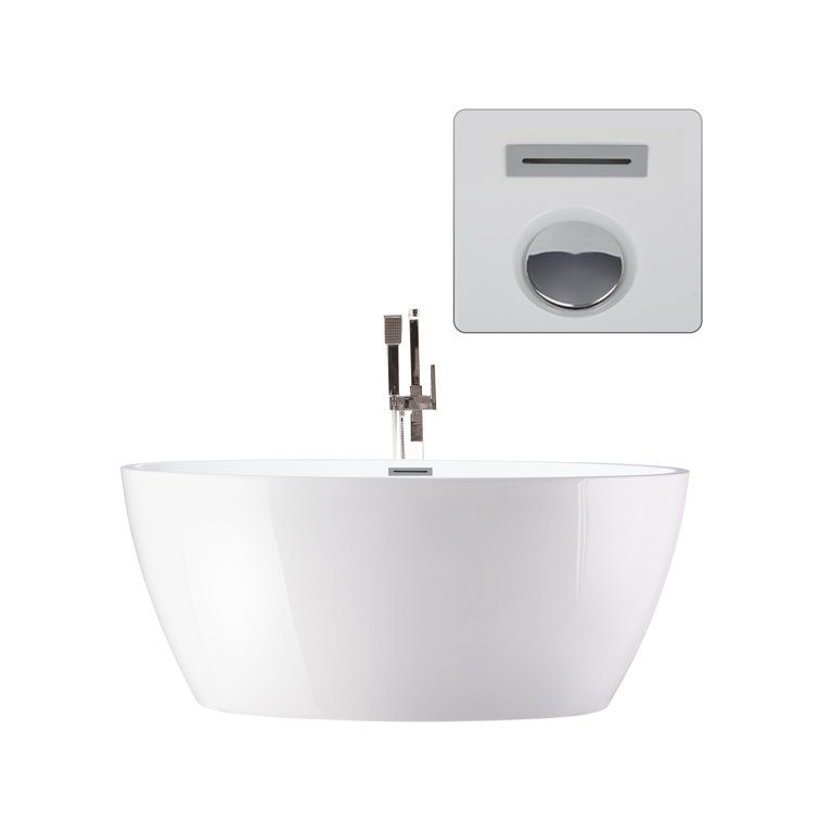 Vanity Art 59" White Acrylic Freestanding Bathtub with Chrome Drain