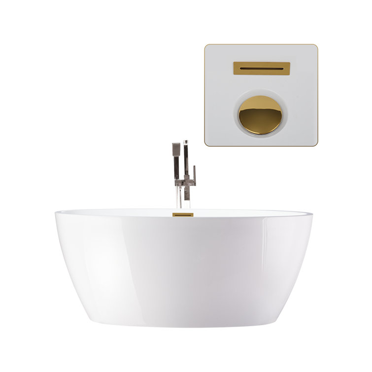 59" White Acrylic Freestanding Soaking Bathtub with Gold Accents