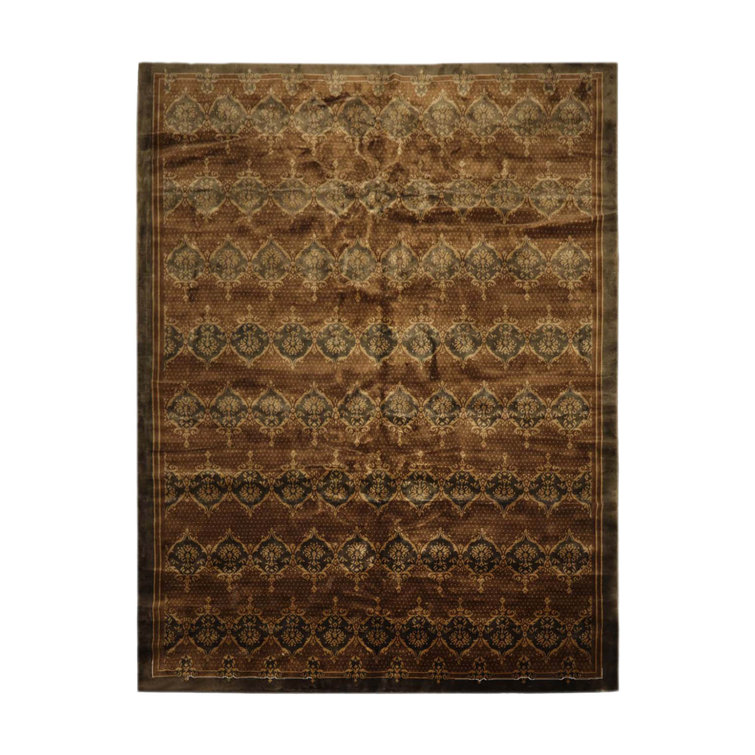 Hand-Knotted Brown and Olive Wool Oriental 10' x 14' Area Rug
