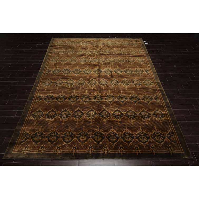 Hand-Knotted Brown and Olive Wool Oriental 10' x 14' Area Rug