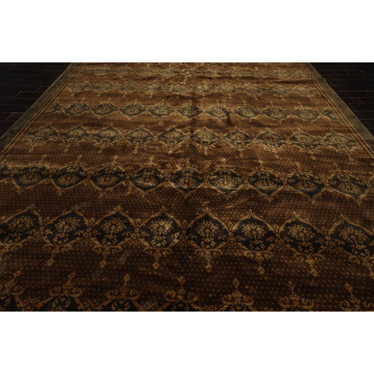 Hand-Knotted Brown and Olive Wool Oriental 10' x 14' Area Rug
