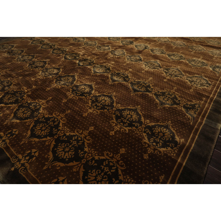 Hand-Knotted Brown and Olive Wool Oriental 10' x 14' Area Rug