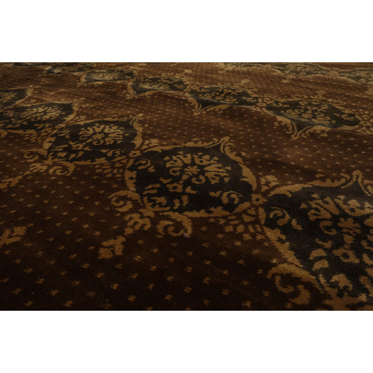 Hand-Knotted Brown and Olive Wool Oriental 10' x 14' Area Rug