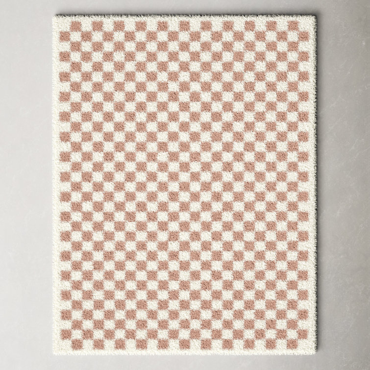 Pink and Cream Checkered Shag Synthetic Area Rug