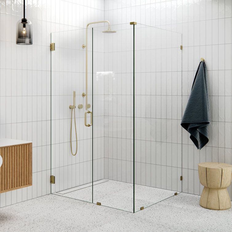 78" Frameless Clear Glass Shower Enclosure with Satin Brass Finish