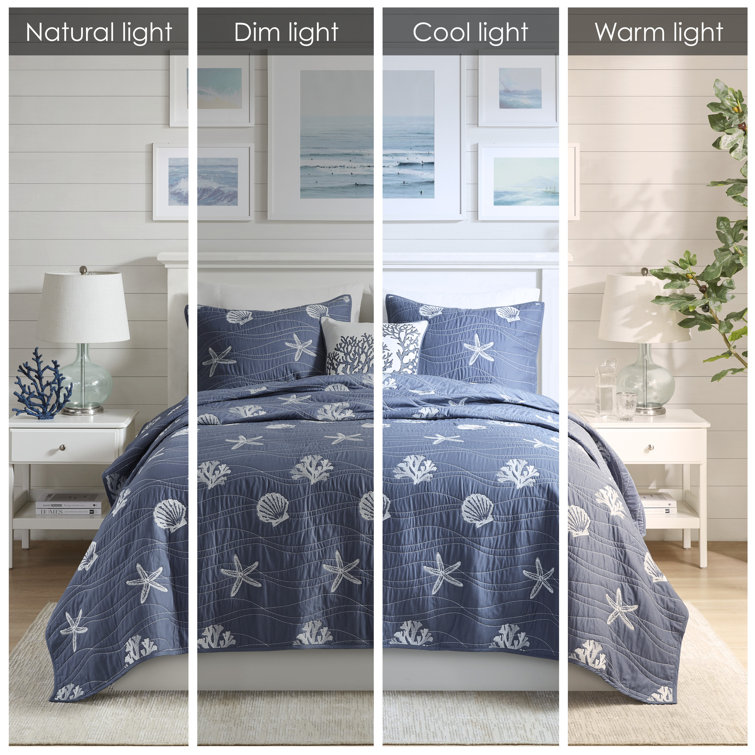 Coastal Navy Cotton King Quilt Set with Reversible Embroidery