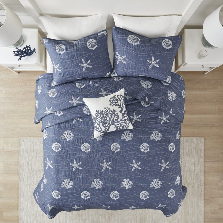 Coastal Navy Cotton King Quilt Set with Reversible Embroidery