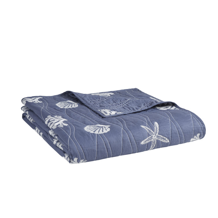Coastal Navy Cotton King Quilt Set with Reversible Embroidery