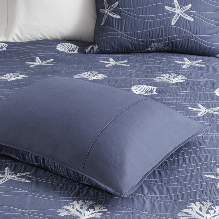 Coastal Navy Cotton King Quilt Set with Reversible Embroidery
