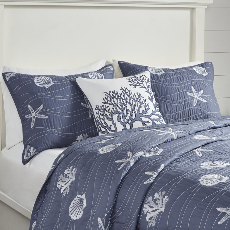 Coastal Navy Cotton King Quilt Set with Reversible Embroidery