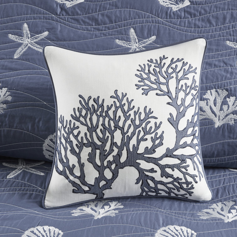 Coastal Navy Cotton King Quilt Set with Reversible Embroidery