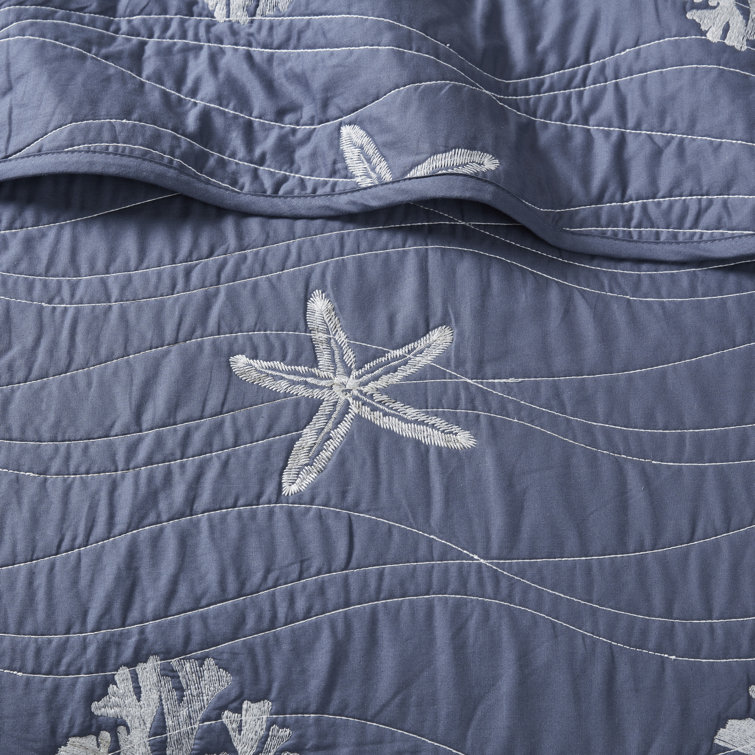 Coastal Navy Cotton King Quilt Set with Reversible Embroidery