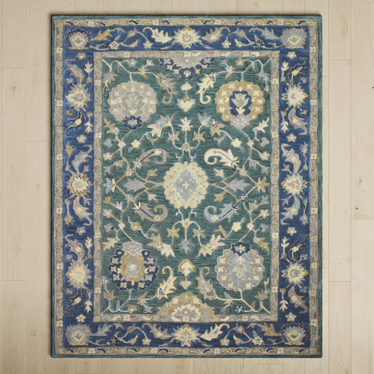Handmade Blue Wool Floral Tufted 5' x 7' Rug