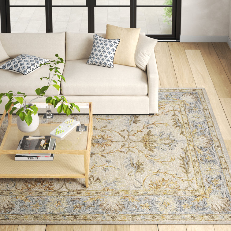 Handmade Beige and Blue Wool 9' x 12' Oriental Rug