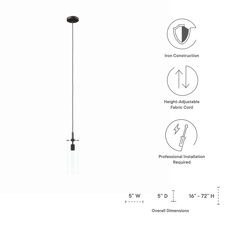 Clear Glass and Black LED Pendant Light, 5 x 5 x 72
