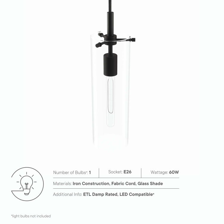 Clear Glass and Black LED Pendant Light, 5 x 5 x 72