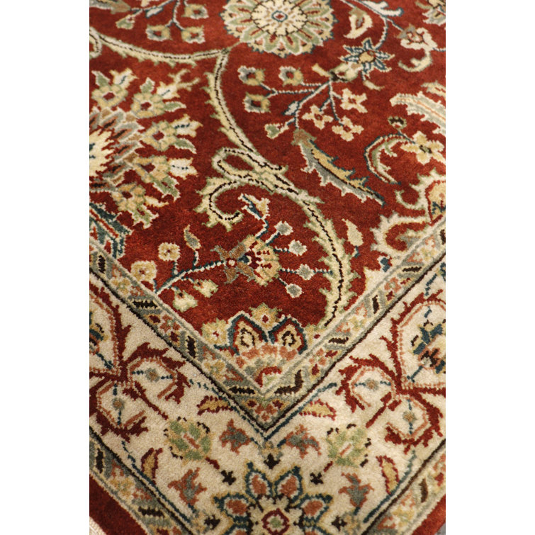 Baku Hand-Knotted Wool and Silk Floral Runner Rug in Rust and Ivory