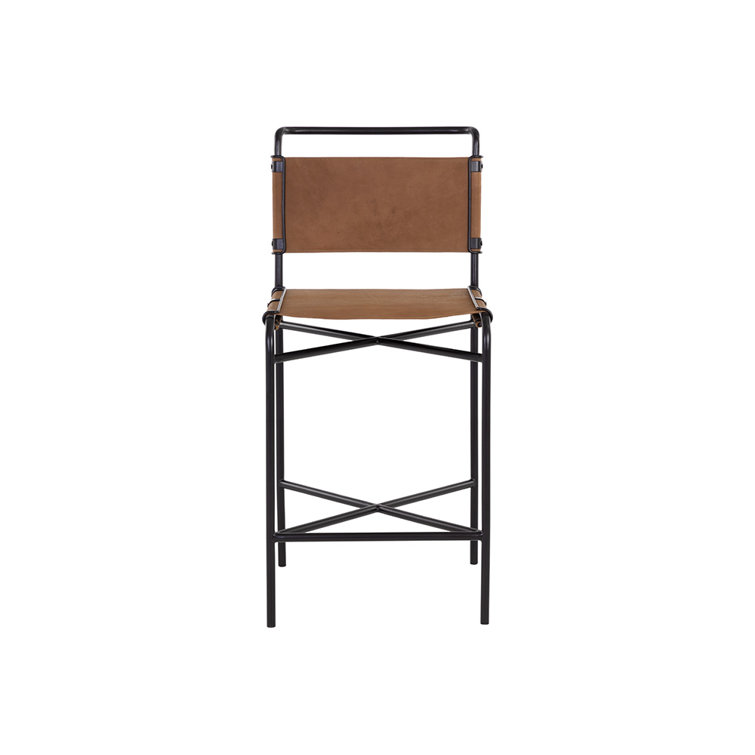 Cognac Leather and Black Steel Counter Stool with Full Back