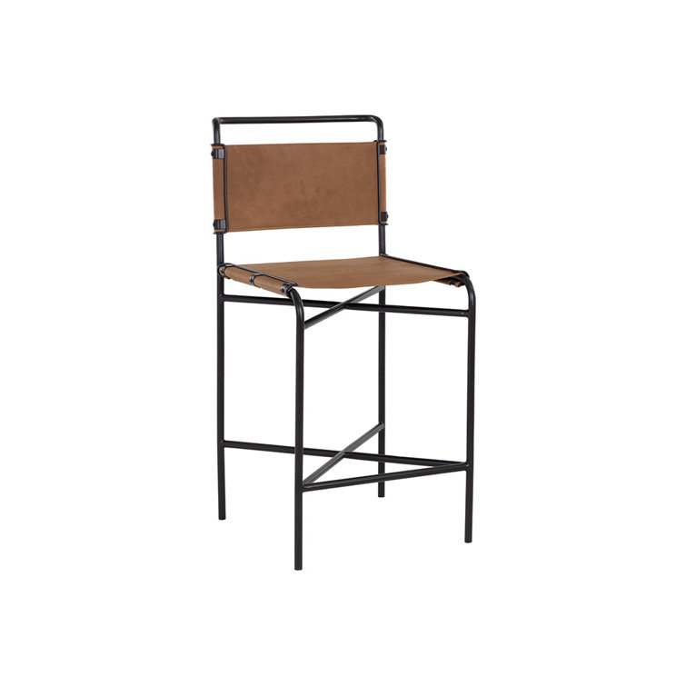 Cognac Leather and Black Steel Counter Stool with Full Back