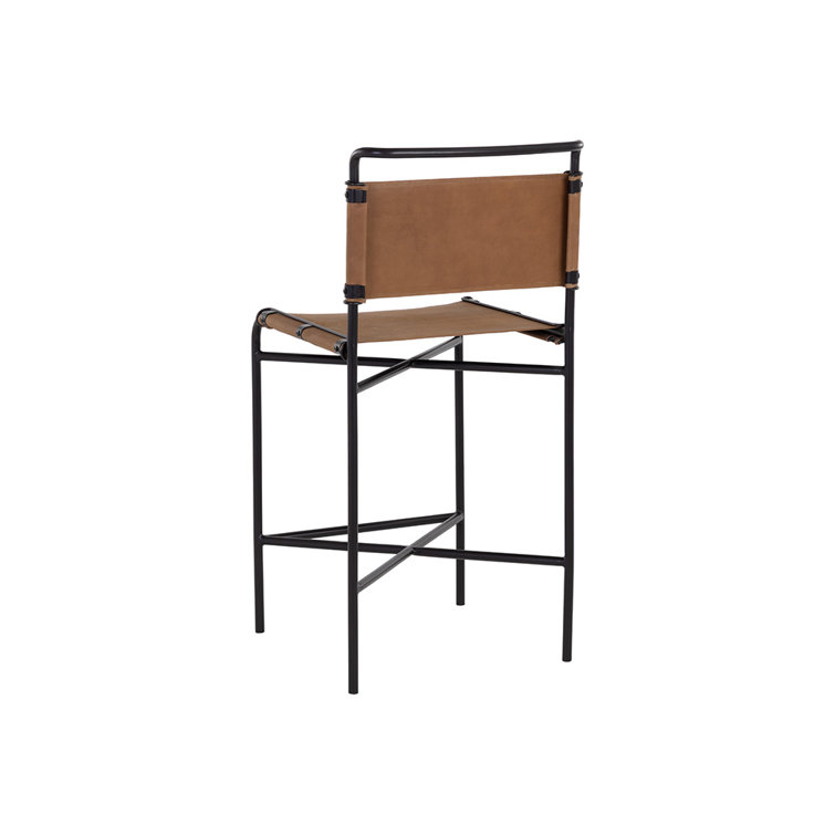 Cognac Leather and Black Steel Counter Stool with Full Back