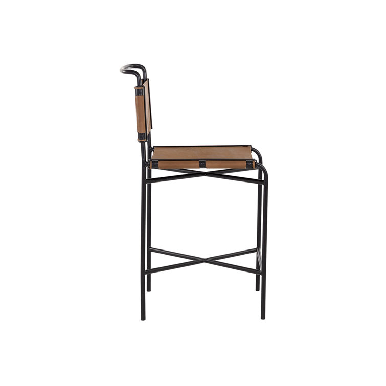 Cognac Leather and Black Steel Counter Stool with Full Back