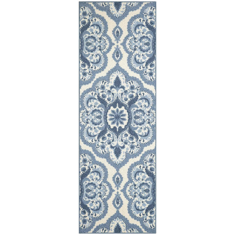 Blue and White Tufted Medallion Runner Rug, 2' x 6'