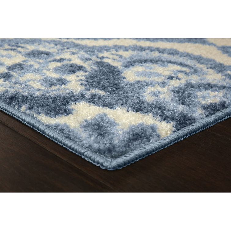 Blue and White Tufted Medallion Runner Rug, 2' x 6'