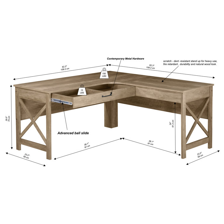 Rustic Oak L-Shaped Farmhouse Corner Desk with Drawer