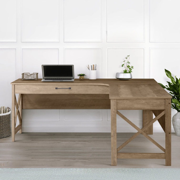 Rustic Oak L-Shaped Farmhouse Corner Desk with Drawer