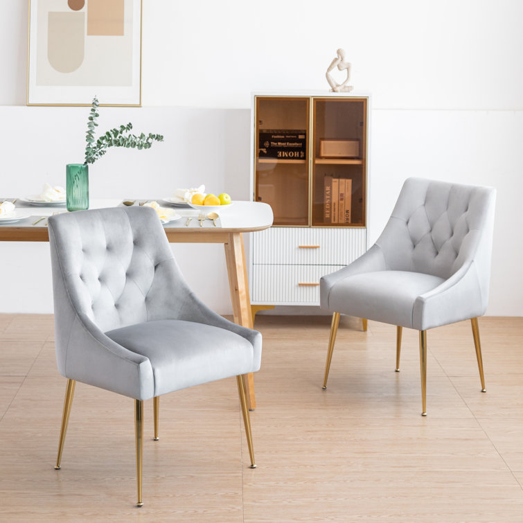 Gray Velvet Upholstered Parsons Dining Side Chairs with Metal Legs