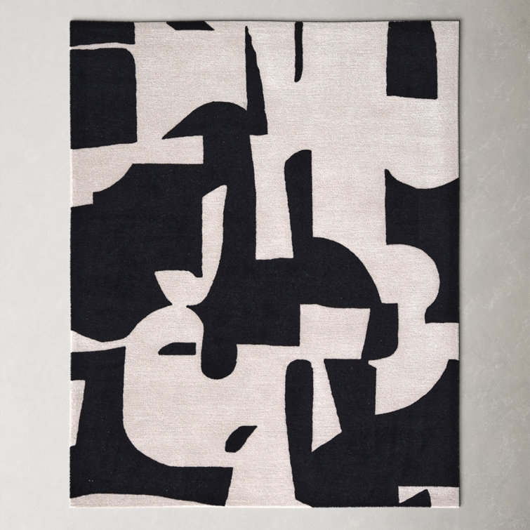 Black and Cream Abstract Handmade Wool Rug 8' x 10'