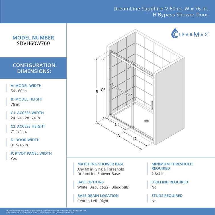 Sapphire-V 60" Gold and Clear Glass Frameless Shower Door
