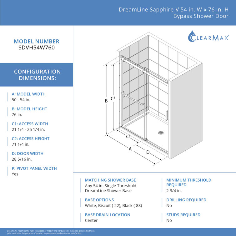 Sapphire-V 54" Brushed Gold Clear Glass Sliding Shower Door