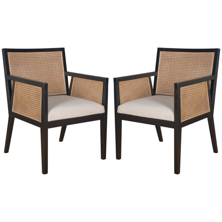 Savile Flax Linen & Cane Upholstered Arm Chair in Brushed Ebony