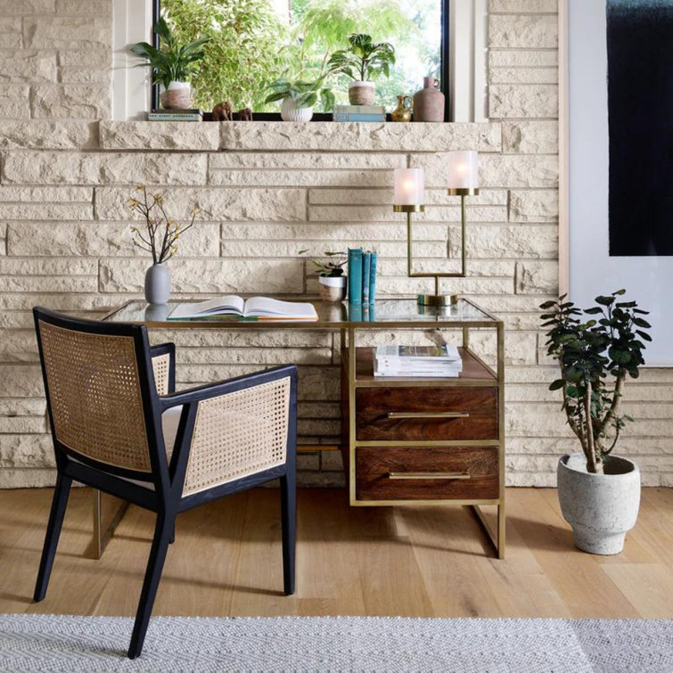 Savile Flax Linen & Cane Upholstered Arm Chair in Brushed Ebony