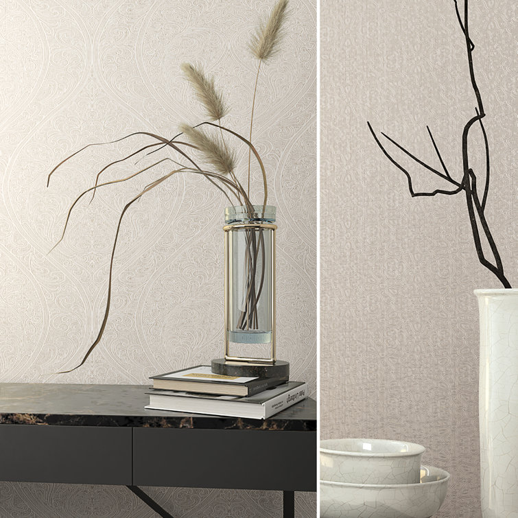 Beige Vinyl Damask Design Non-woven Wallpaper Roll