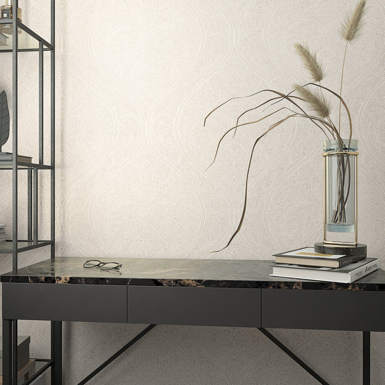 Beige Vinyl Damask Design Non-woven Wallpaper Roll