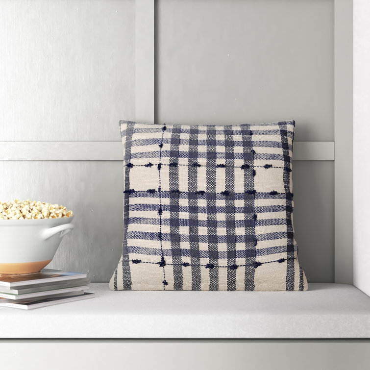 Navy and Light Beige Plaid Cotton Euro Throw Pillow Cover