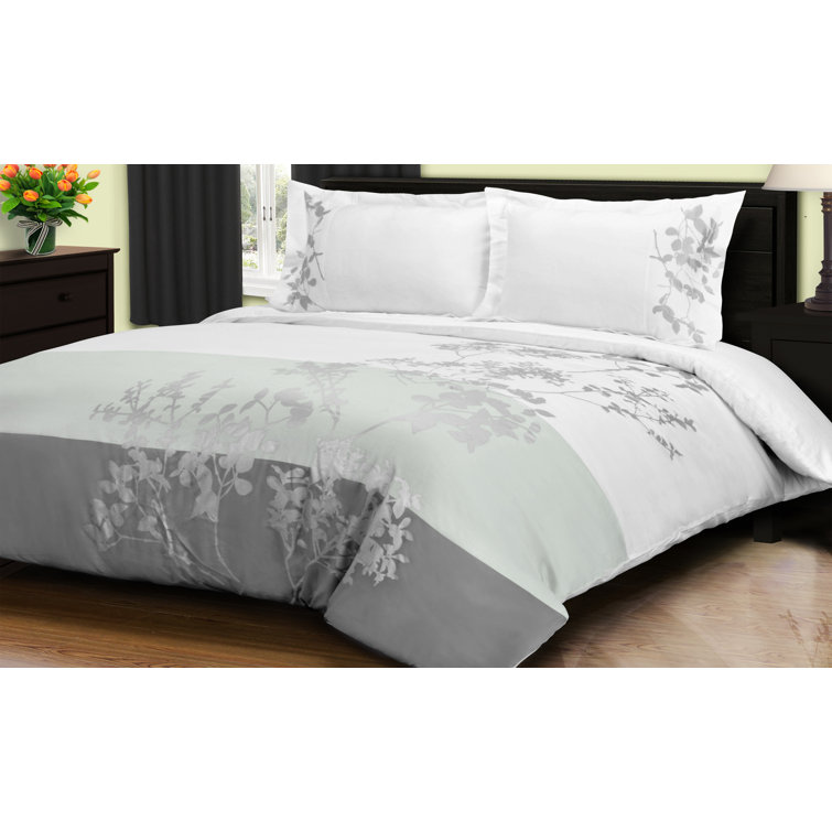 King/California King White Gray Cotton Floral Duvet Cover Set