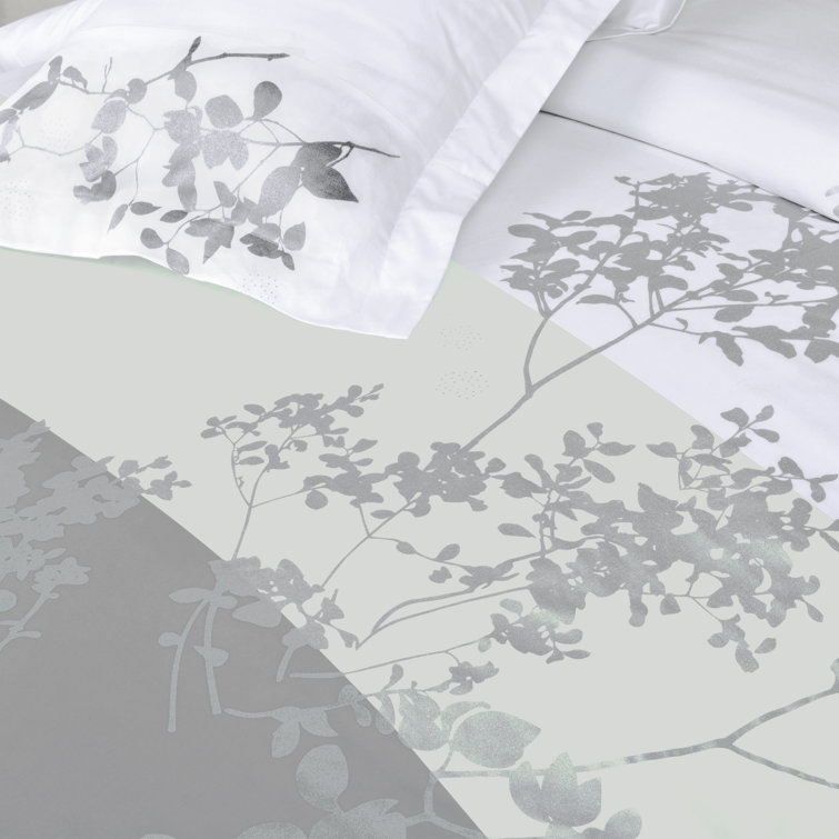 King/California King White Gray Cotton Floral Duvet Cover Set