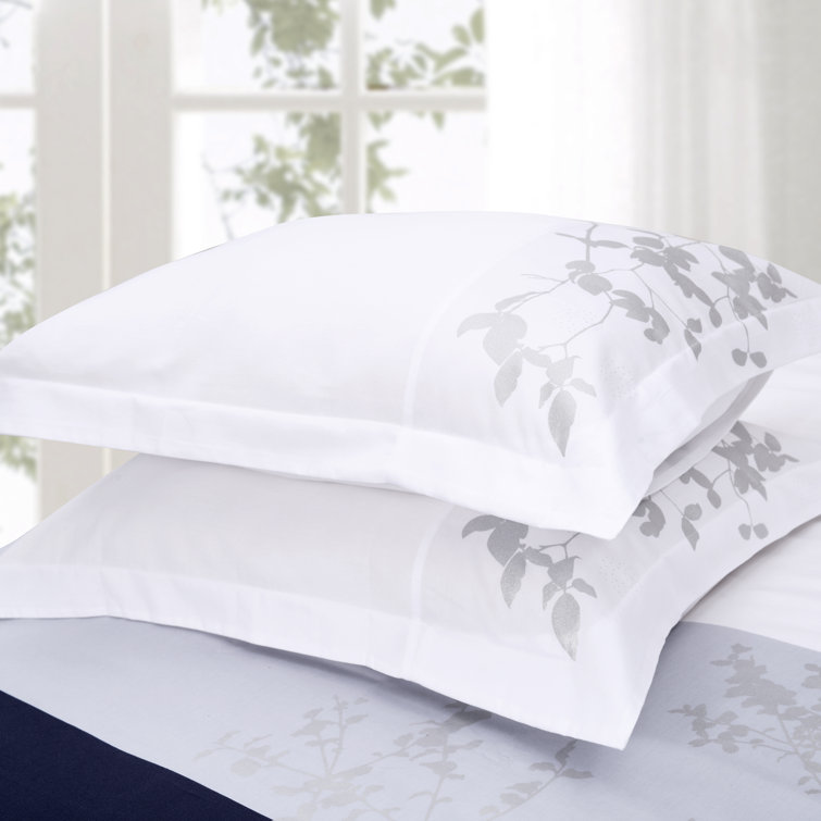 Full/Queen Blue Cotton Sateen Duvet Cover Set with Leaf Pattern