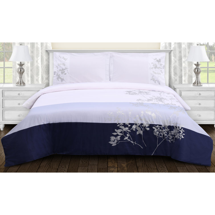 Full/Queen Blue Cotton Sateen Duvet Cover Set with Leaf Pattern
