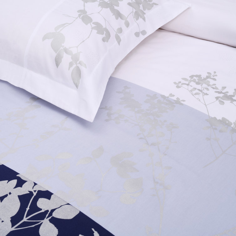 Full/Queen Blue Cotton Sateen Duvet Cover Set with Leaf Pattern