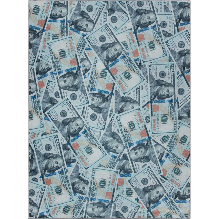 Blue and Green Dollar Print Washable Kids Rug
