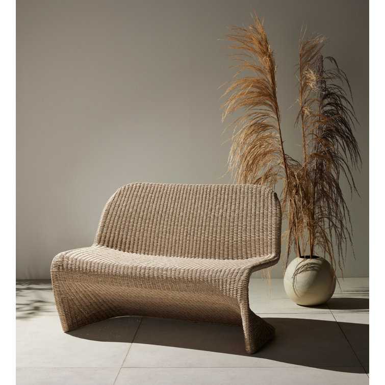 Curved Natural Wicker Outdoor Bench in Beige