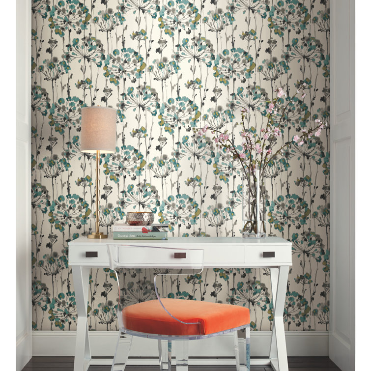 Turquoise and Gray Floral Peel and Stick Wallpaper