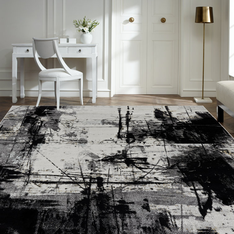 Black and Gray Abstract High Pile Area Rug