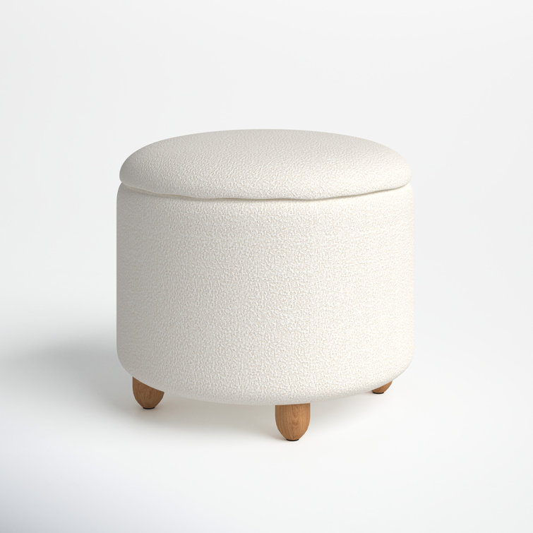Ivory Boucle Round Upholstered Storage Ottoman with Wood Legs