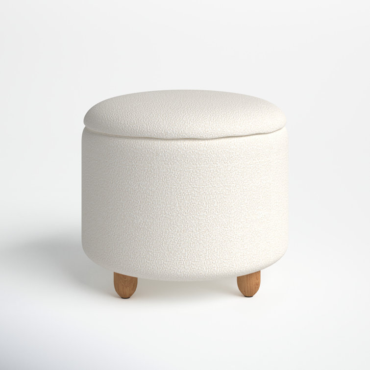 Ivory Boucle Round Upholstered Storage Ottoman with Wood Legs