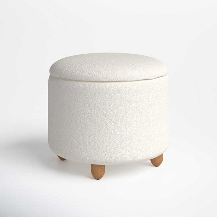Ivory Boucle Round Upholstered Storage Ottoman with Wood Legs
